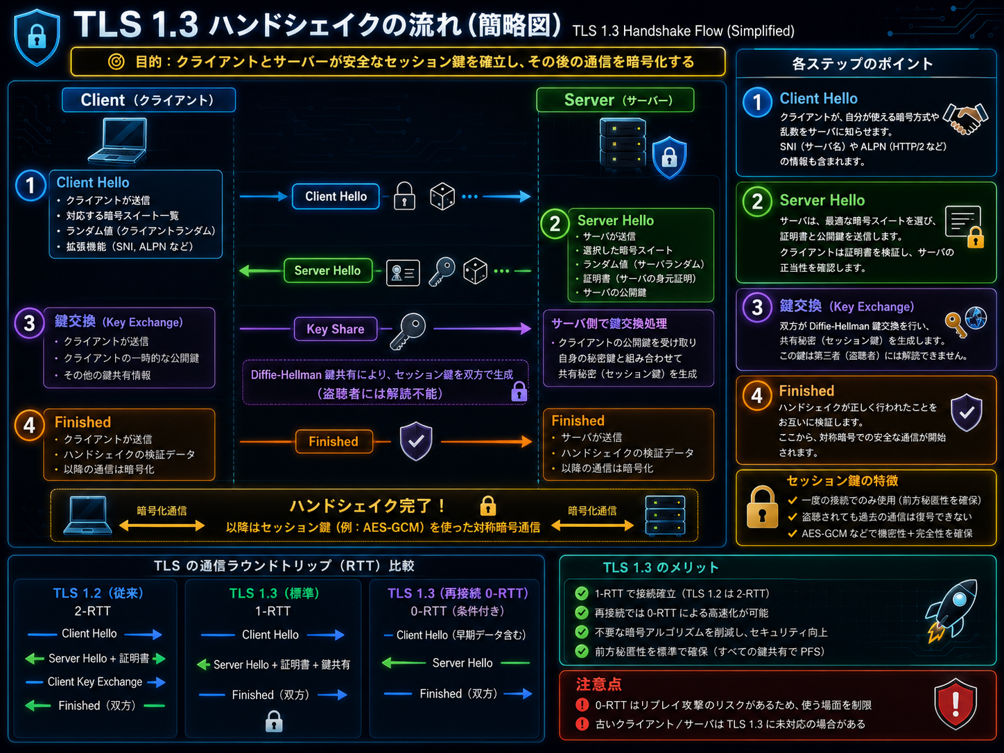 TLS 1.3 ハンドシェイクの 4 ステップを示す図