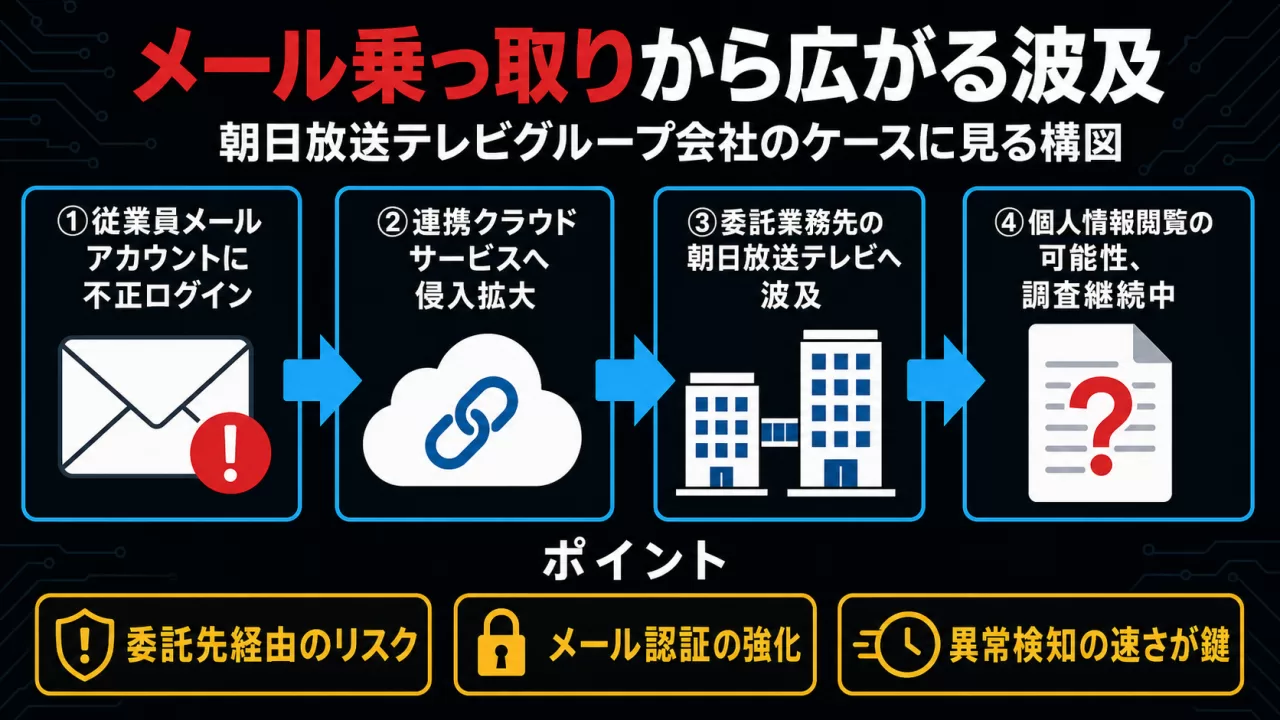 メールアカウント乗っ取りから委託先への波及を示す4ステップの図解