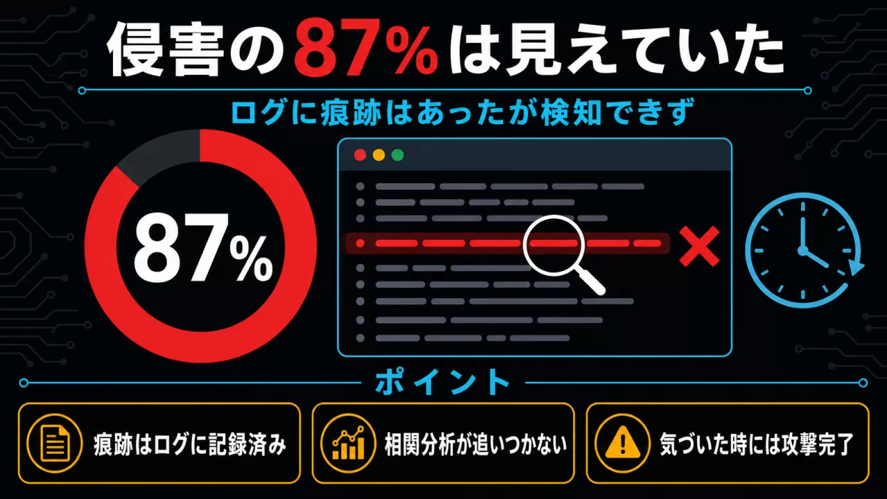 侵害の87%はログに痕跡があったが検知できなかったことを示す図