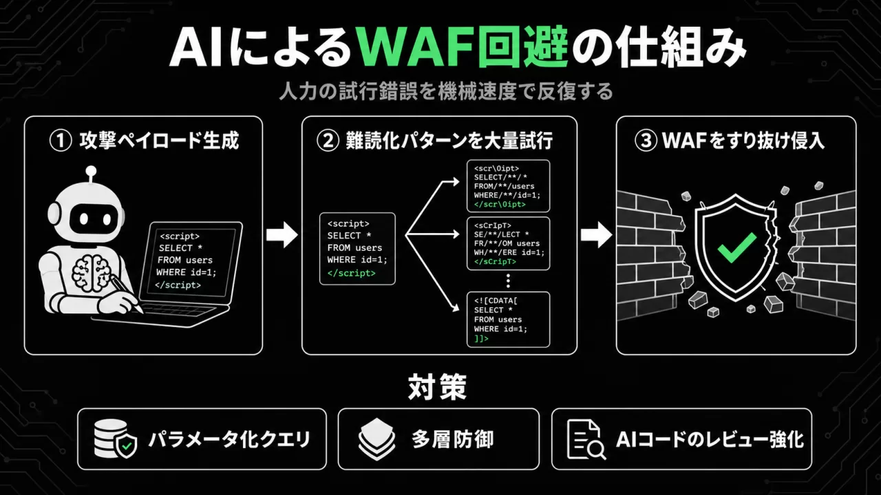 AIがペイロードを大量生成しWAFをすり抜ける3ステップの図解