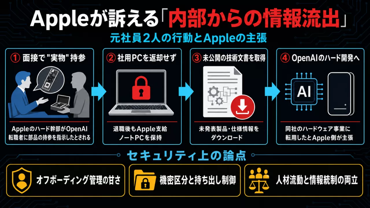 Appleが主張する内部からの情報流出の経緯を示す図解