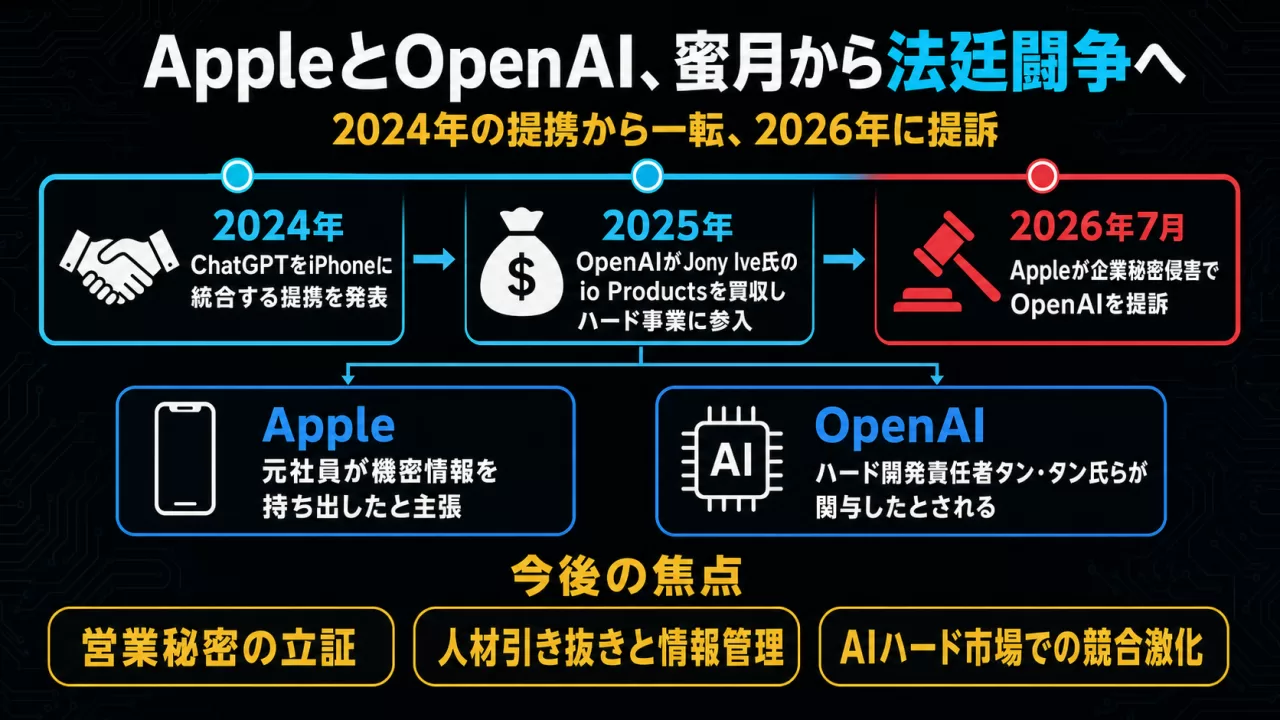 AppleとOpenAIの提携から提訴に至る関係変化のタイムライン図解