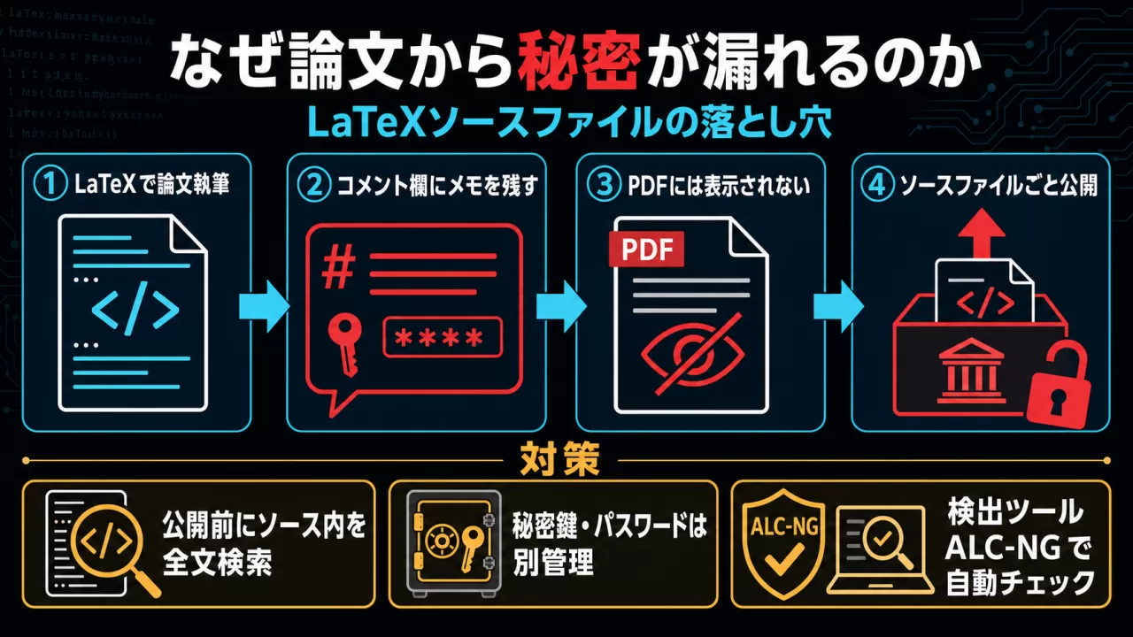 LaTeXソースファイルから機密情報が漏れる仕組みの図解