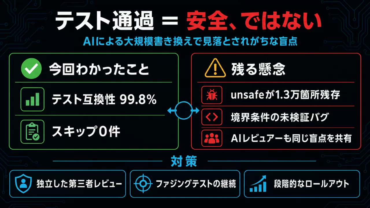 テスト通過と安全性は別問題であることを示す比較図解