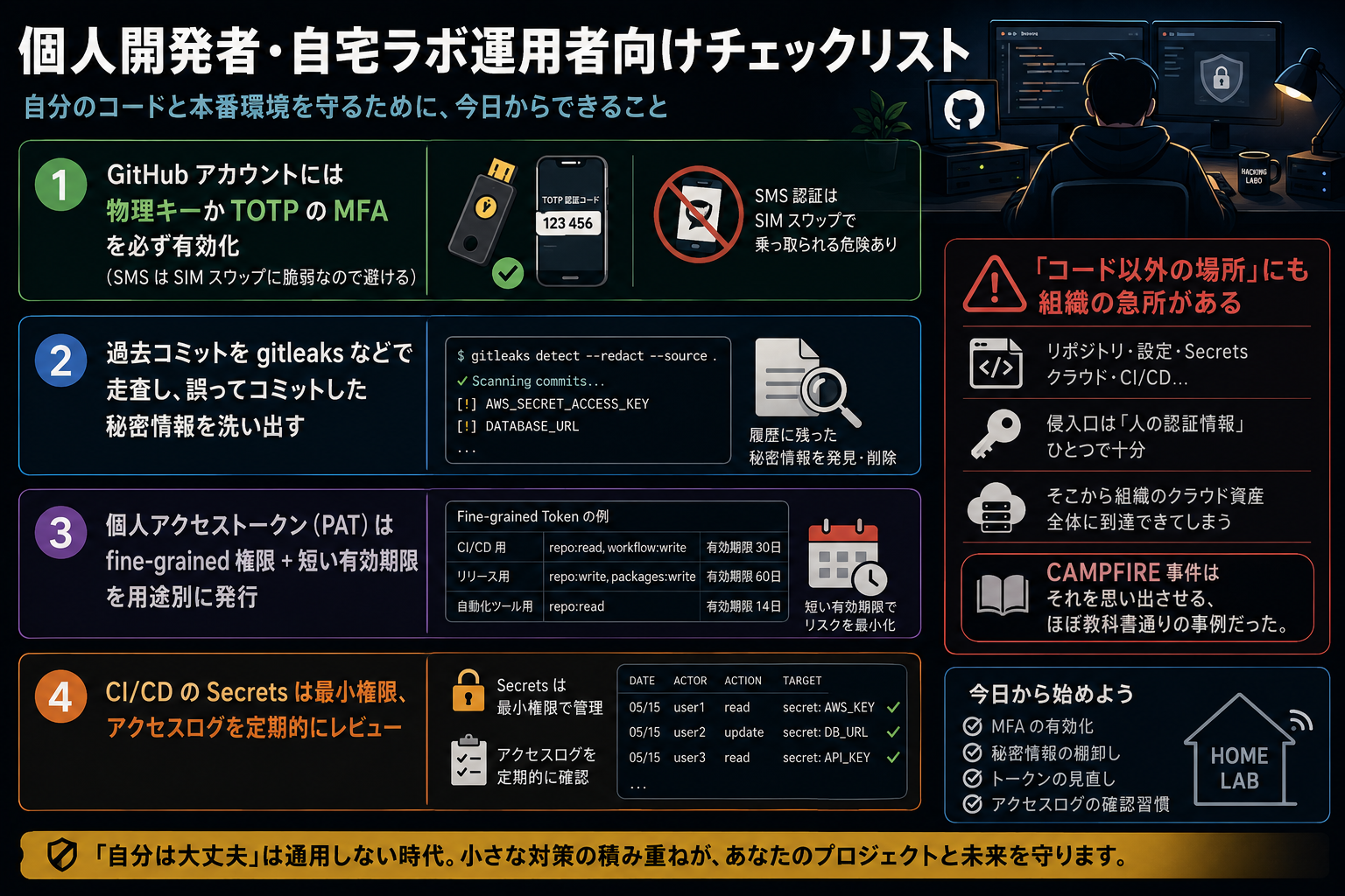 個人開発者・自宅ラボ運用者向けセキュリティチェックリスト — MFA / gitleaks / fine-grained PAT / CI Secrets 最小権限