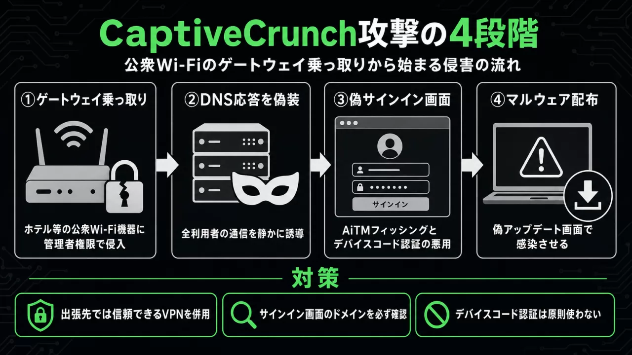 CaptiveCrunch攻撃の4段階を示す図解