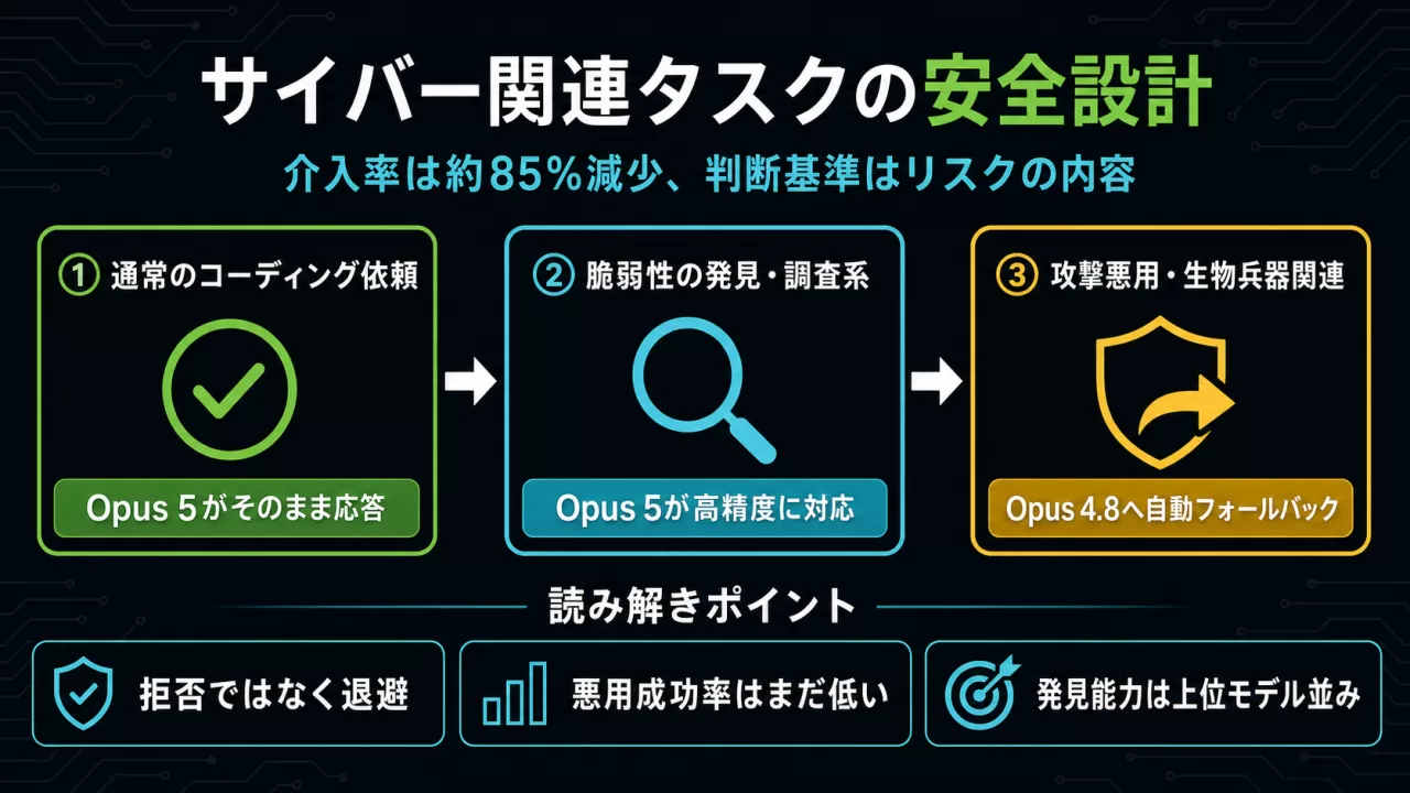 サイバー関連タスクにおけるOpus 5の安全設計フロー図