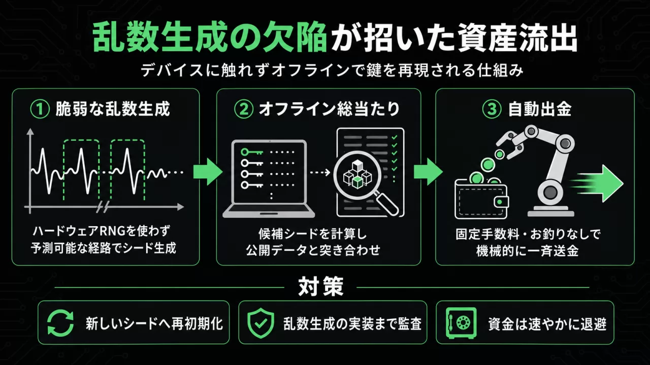 COLDCARDのRNG欠陥から資金流出までの仕組みを示す図解