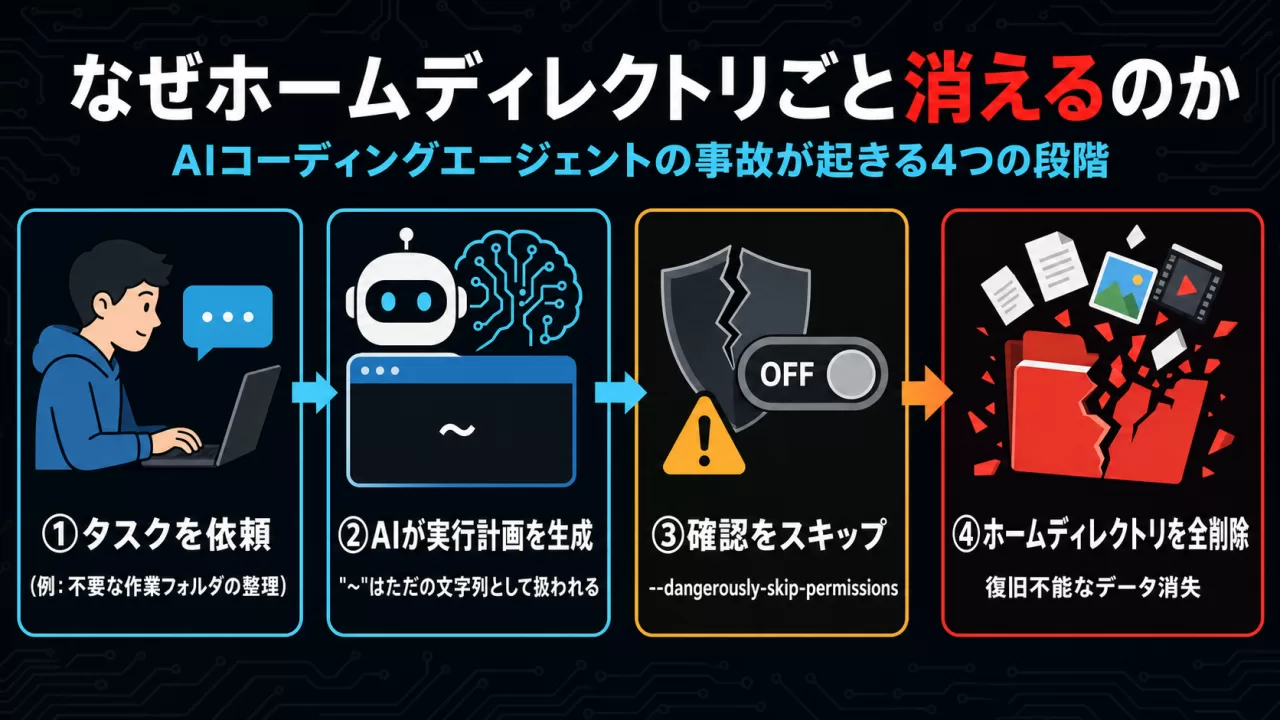 AIコーディングエージェントの事故が起きる4つの段階を示す図解
