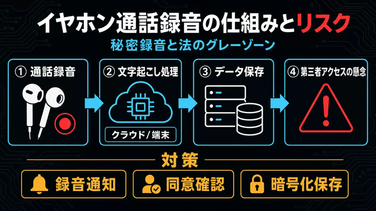 イヤホン通話録音からデータ保存・第三者アクセス懸念までの4段階フロー図