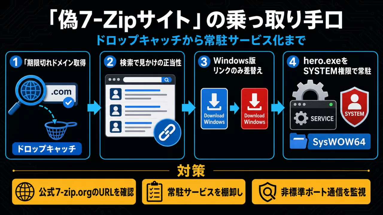 偽7-Zipサイトの乗っ取り手口を示す4ステップの図解