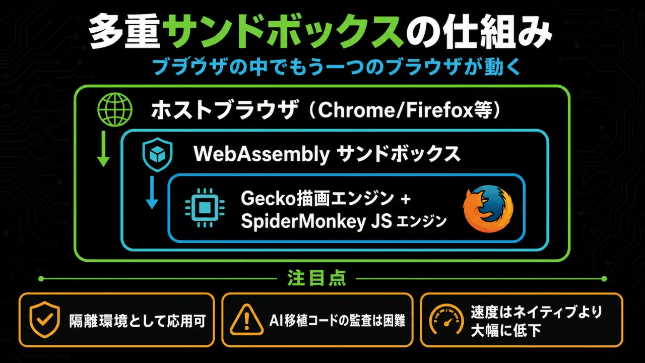ホストブラウザ・WebAssemblyサンドボックス・Geckoエンジンの多重構造を示す図解