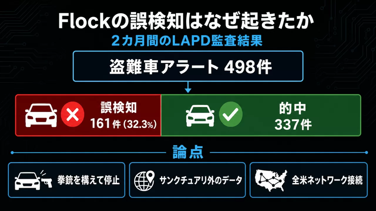 LAPD監査による盗難車アラート498件の内訳、誤検知161件と的中337件の比較