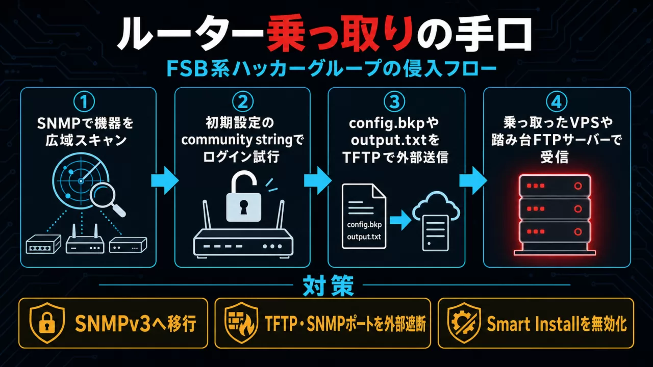 FSB系ハッカーによるルーター侵入の4段階フロー図