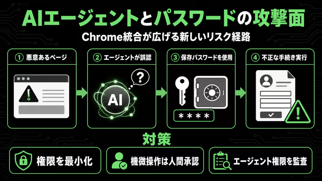 AIエージェントとパスワードの攻撃面を示すインフォグラフィック