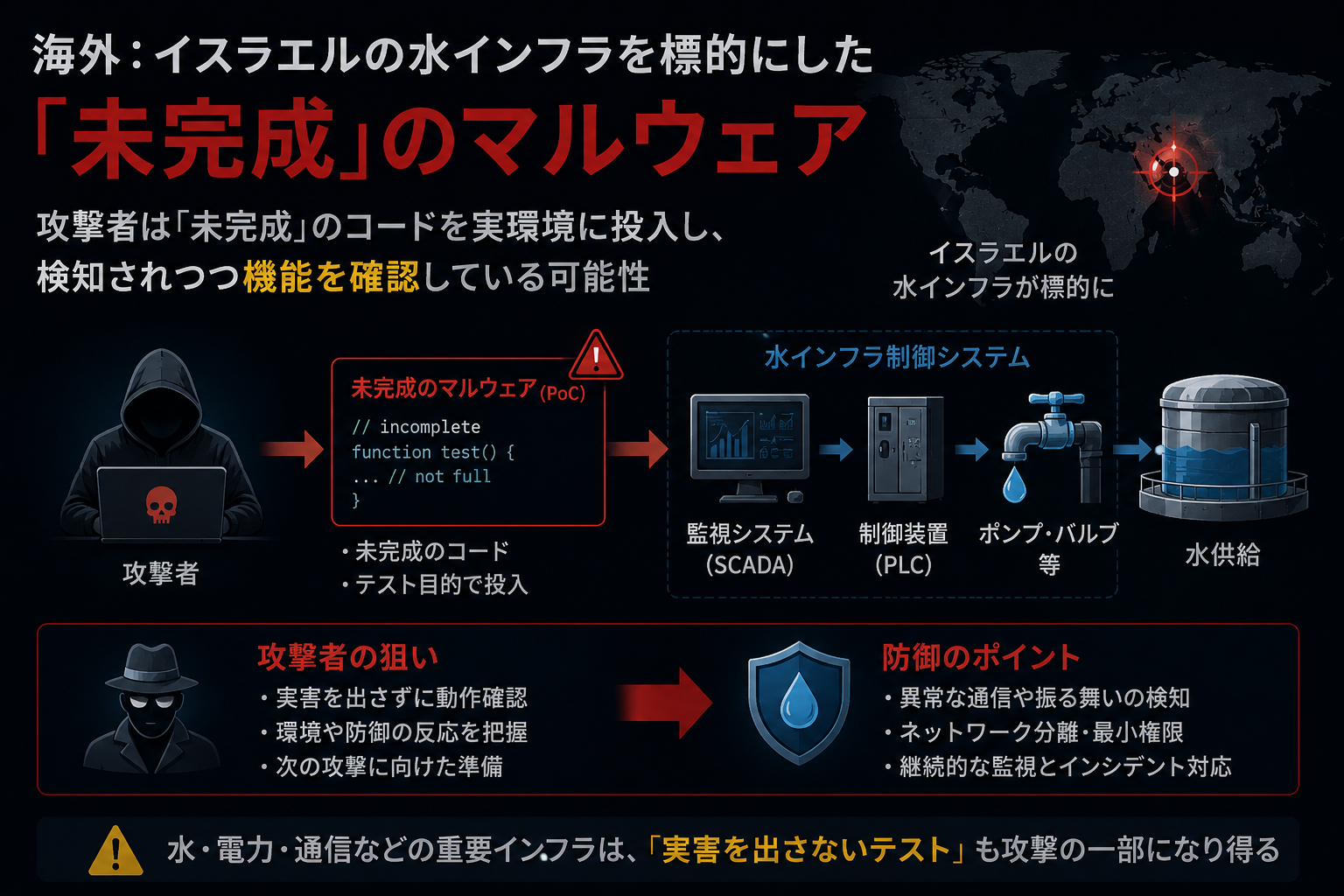 イスラエルの水インフラ制御システム (SCADA / 制御装置 / ポンプ・バルブ) を標的にした未完成マルウェア。検知されつつ機能を確認するテスト段階の攻撃の可能性