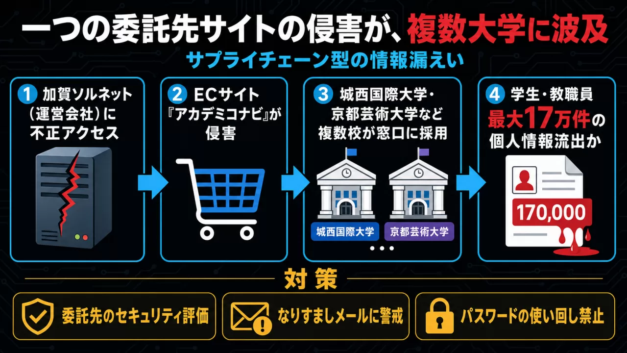 加賀ソルネットへの不正アクセスが複数大学に波及する構造図