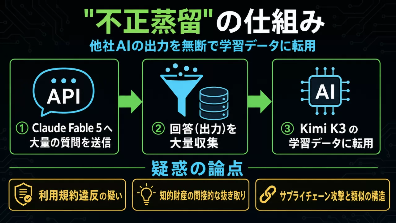 不正蒸留の仕組みを示す図解。Claude Fable 5への質問送信、回答収集、Kimi K3の学習データへの転用という3ステップ