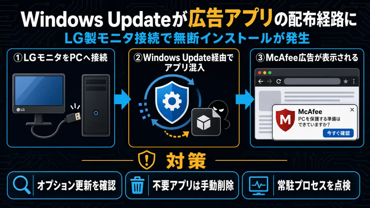 Windows Updateを悪用したLGモニタの無断ソフト配布経路の図解