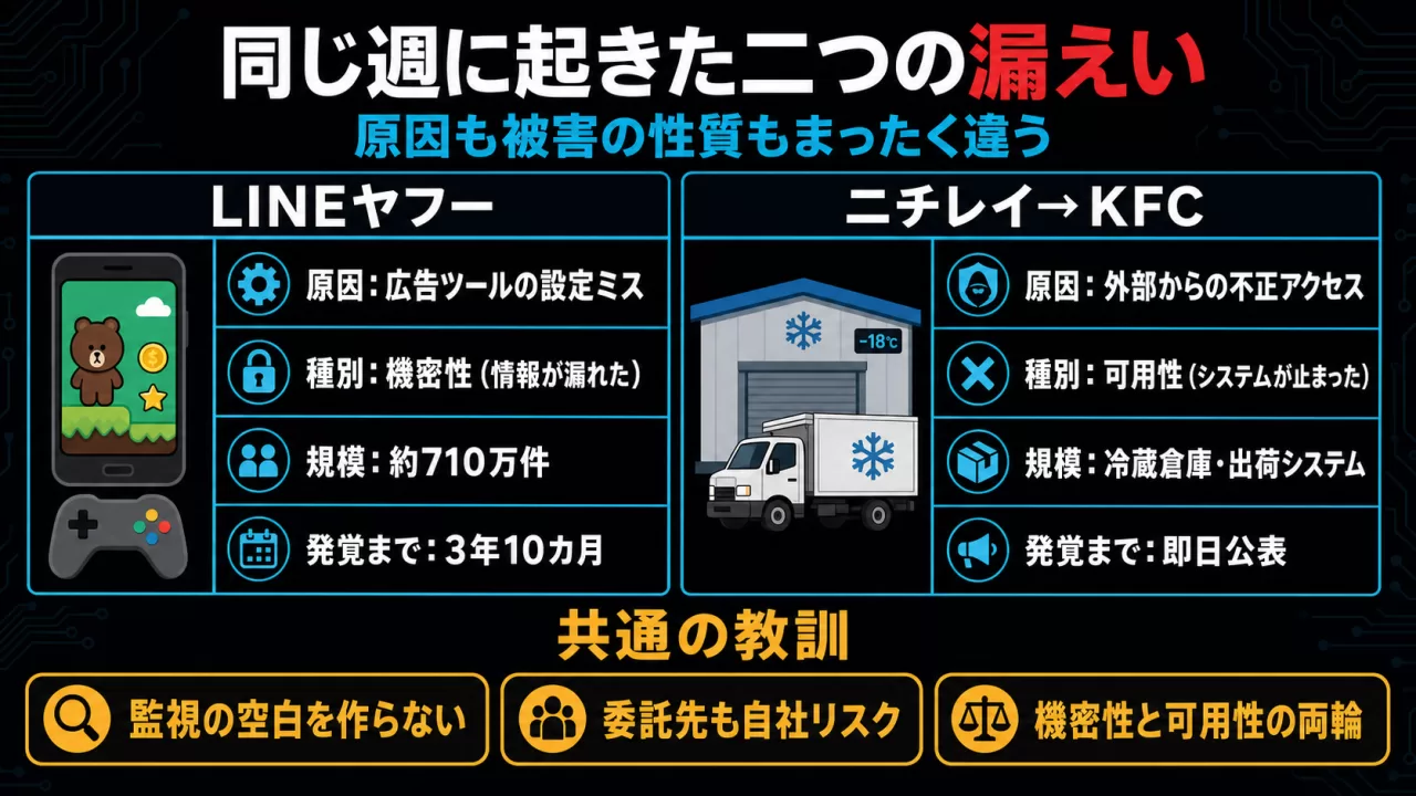 LINEヤフー誤送信とニチレイ不正アクセスの比較インフォグラフィック