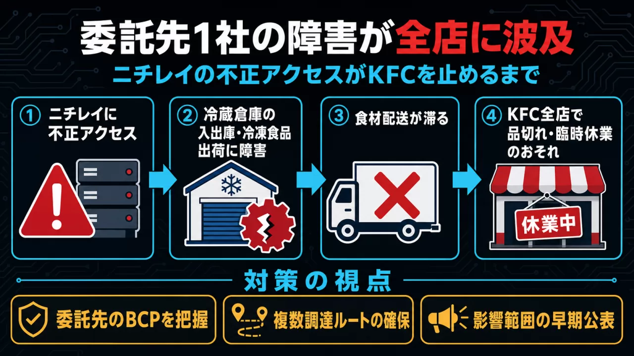 ニチレイの不正アクセスがKFC店舗に波及する流れ図