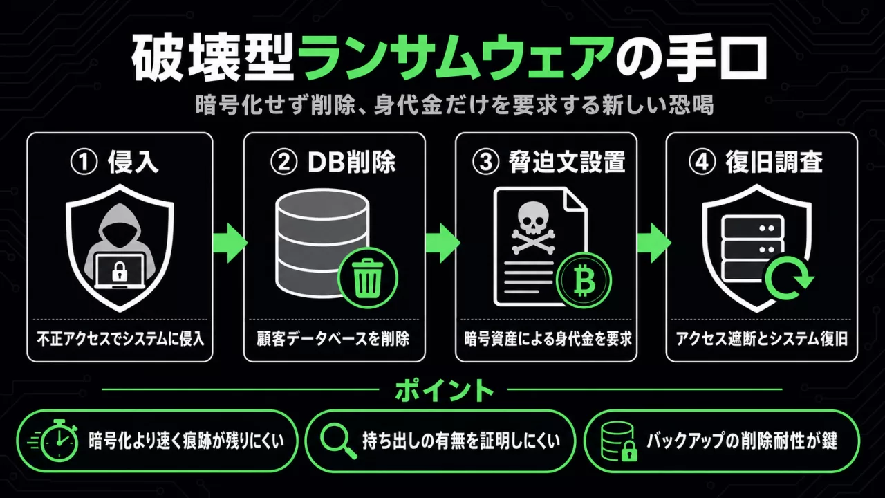 破壊型ランサムウェアの攻撃手口を示す4ステップの図解