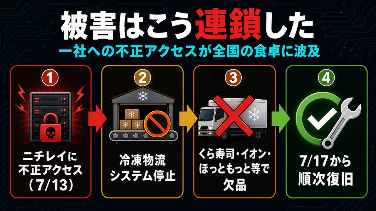 ニチレイへの不正アクセスから各社の欠品に至るまでの被害連鎖を示すフロー図