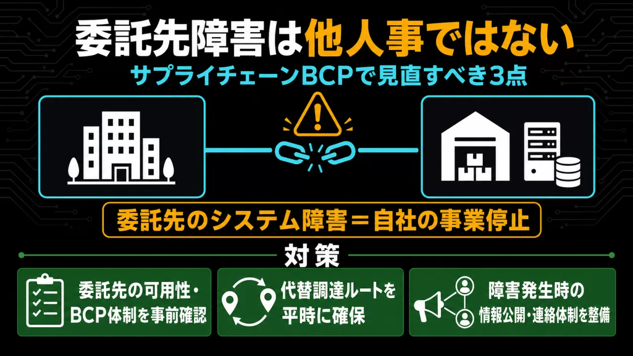 委託先のシステム障害に備えるための対策3点を示すインフォグラフィック