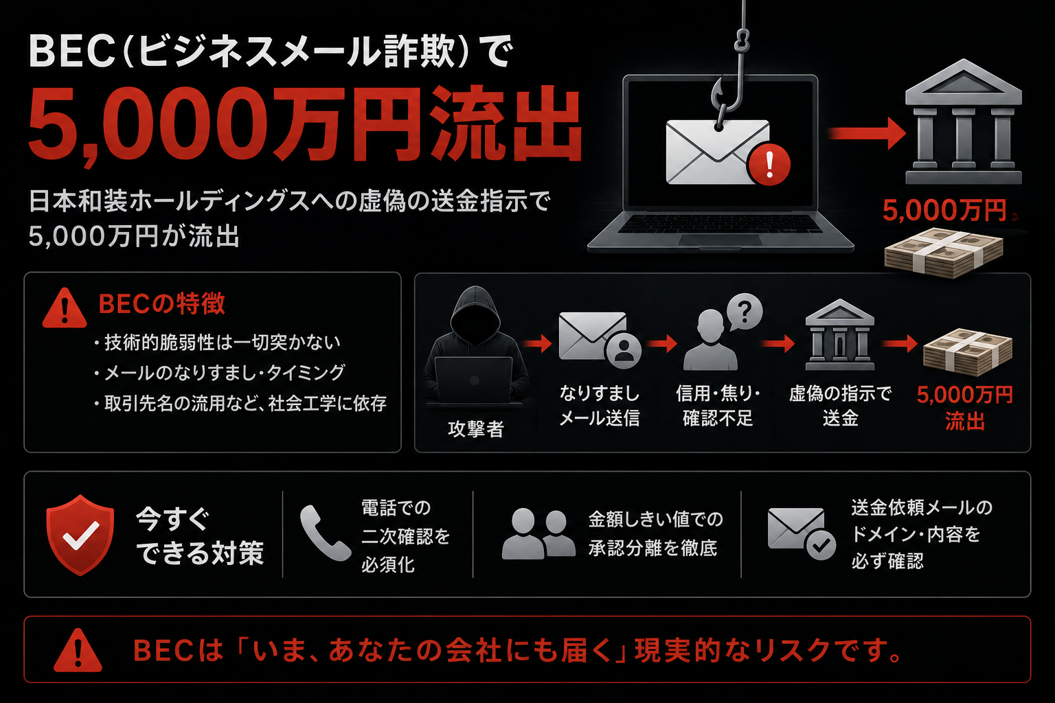 日本和装ホールディングスへの虚偽の送金指示で 5,000 万円流出。技術的脆弱性を一切突かない攻撃で、なりすまし・タイミング・取引先名の流用といった社会工学に頼る。電話二次確認とドメイン認証 (DMARC) が効く