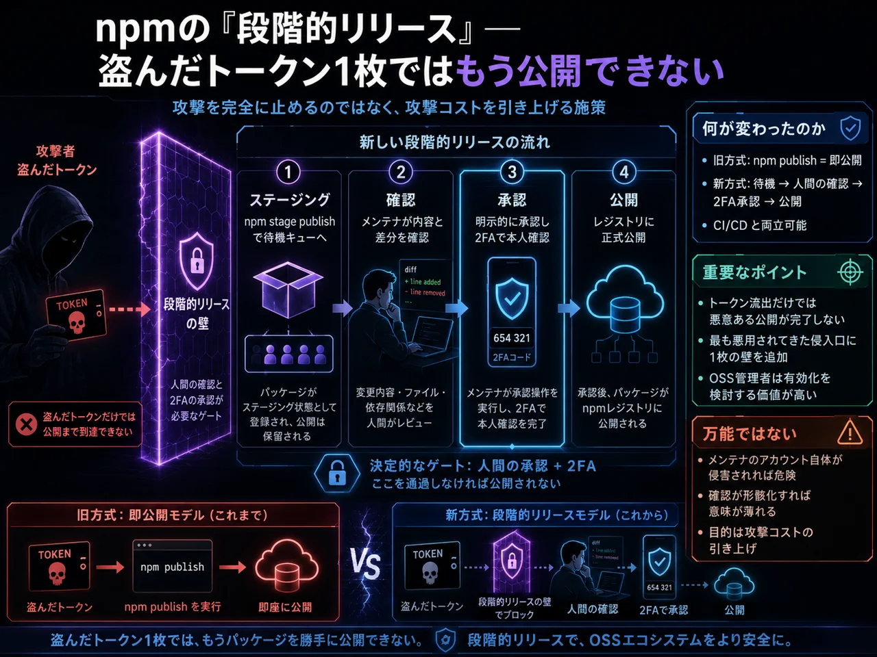 npm の段階的リリースの仕組み：盗まれたトークン1枚では公開できなくなった攻撃モデルの図解
