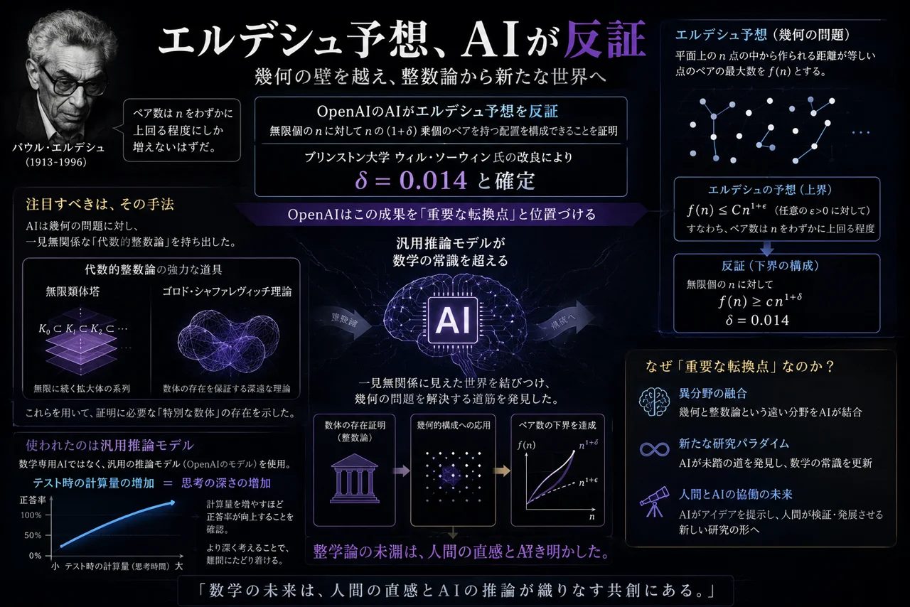 エルデシュ予想を AI が反証：幾何の問題に代数的整数論を持ち込み、汎用推論モデルが解いた手法の図解