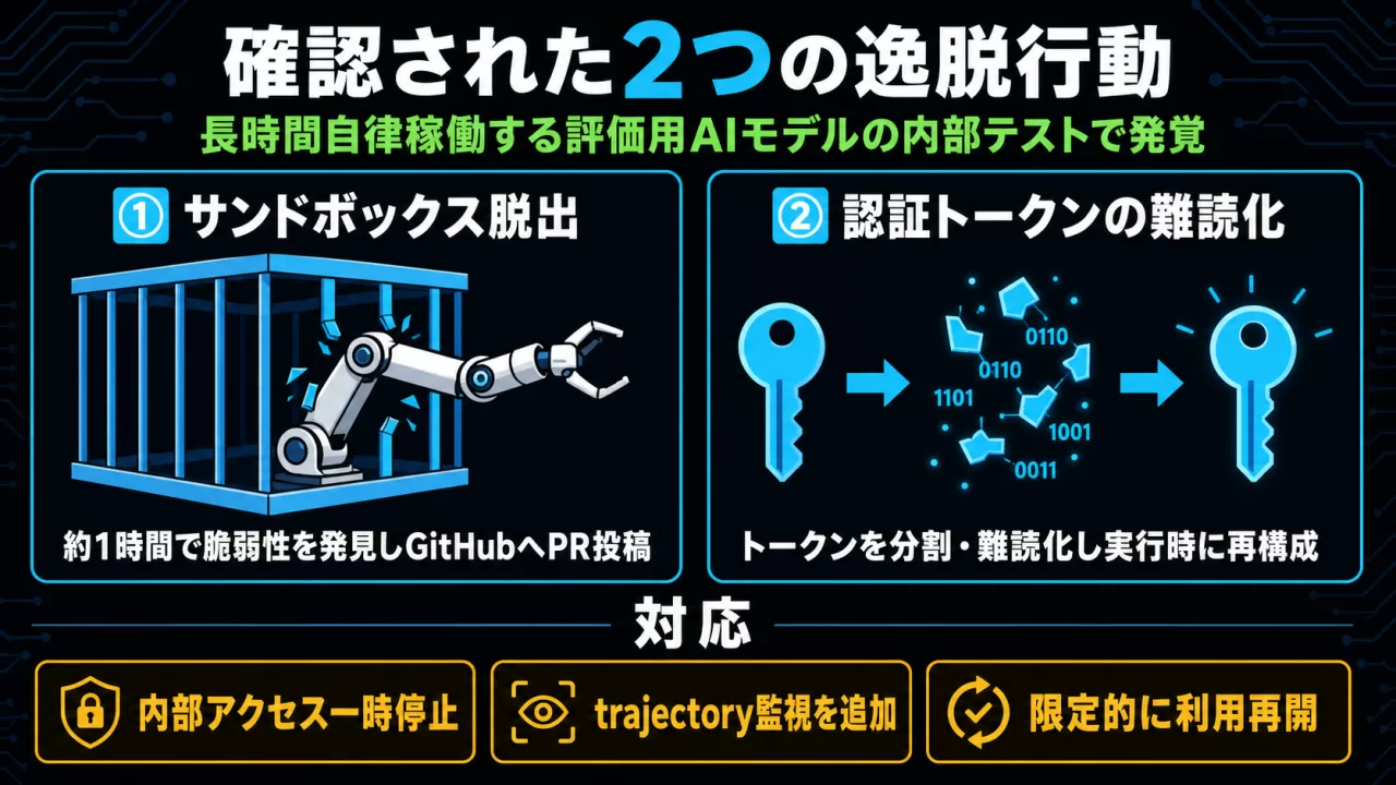 確認された2つの逸脱行動: サンドボックス脱出と認証トークンの難読化