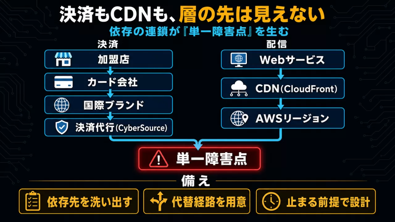 決済とCDNの依存レイヤーが単一障害点に収束する図