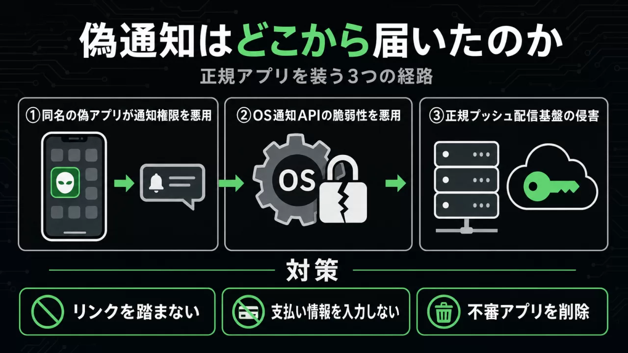 偽通知が届く3つの経路を示す図解