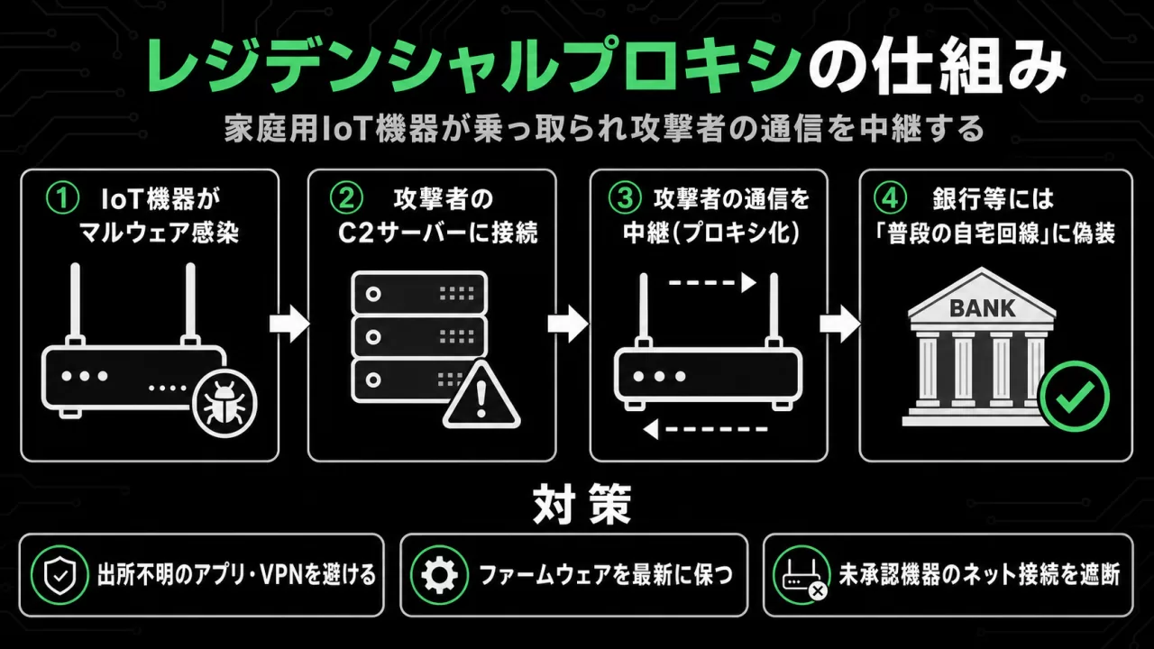 レジデンシャルプロキシの仕組み: IoT機器感染からC2接続、中継、銀行への偽装までの4段階フロー図