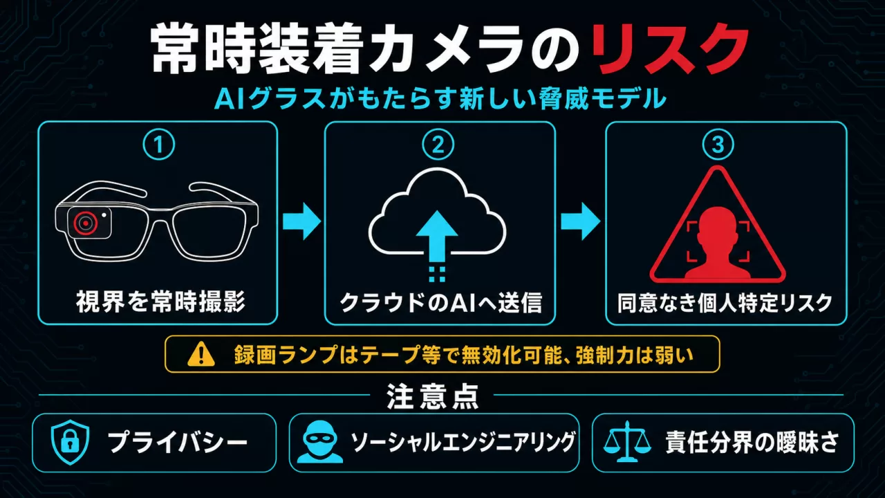 常時装着カメラがもたらす脅威モデルのフロー図