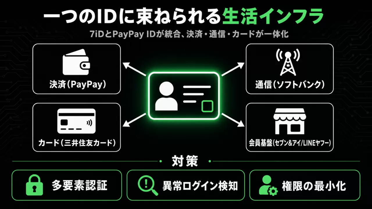 7iDとPayPay IDの統合で決済・通信・カードが一つのIDに束ねられる図解