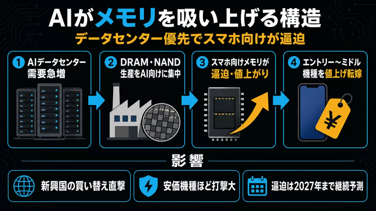AIデータセンター向け需要がDRAM・NANDを吸い上げ、スマホ向け値上げにつながる4ステップの図解