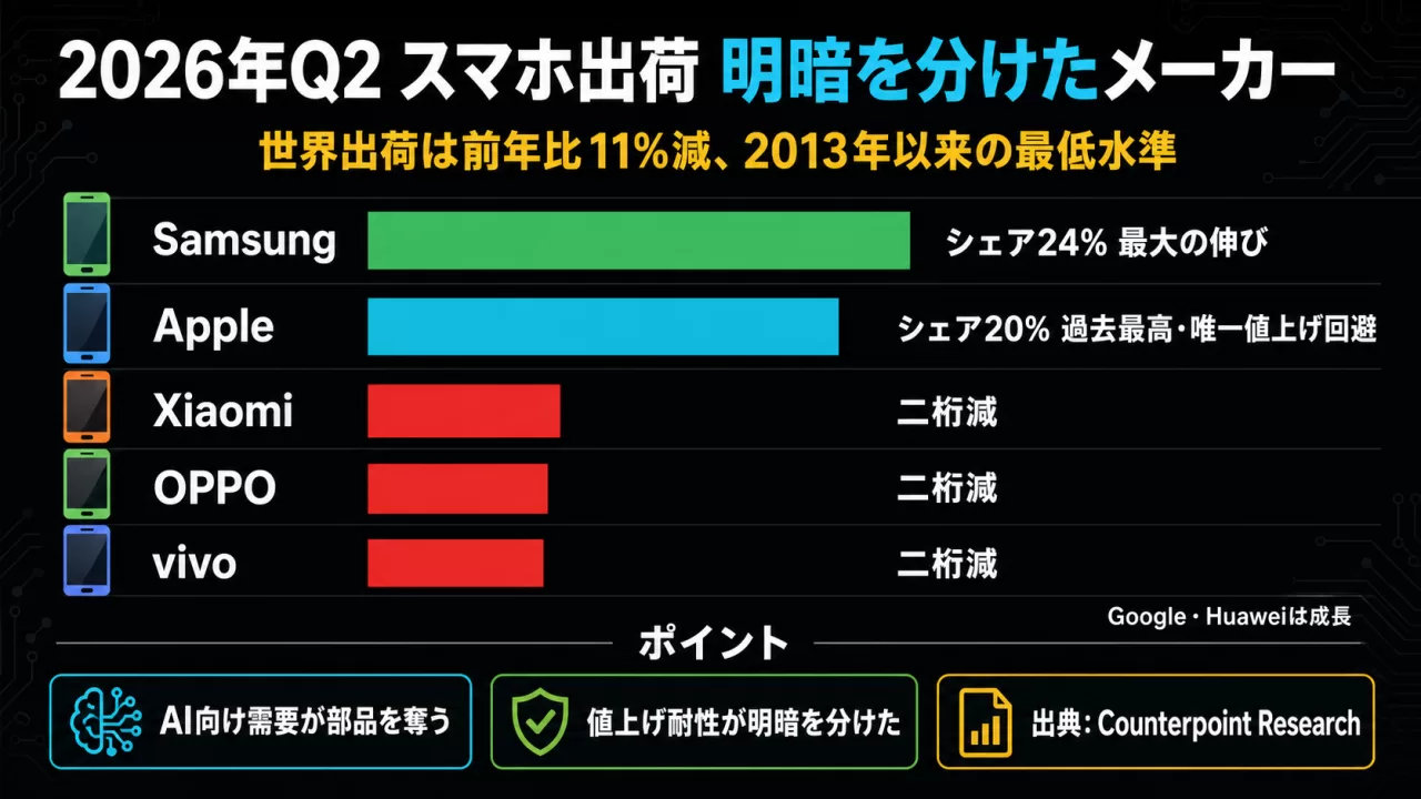 2026年Q2のスマホ出荷でメーカー別の明暗を示す横棒グラフ