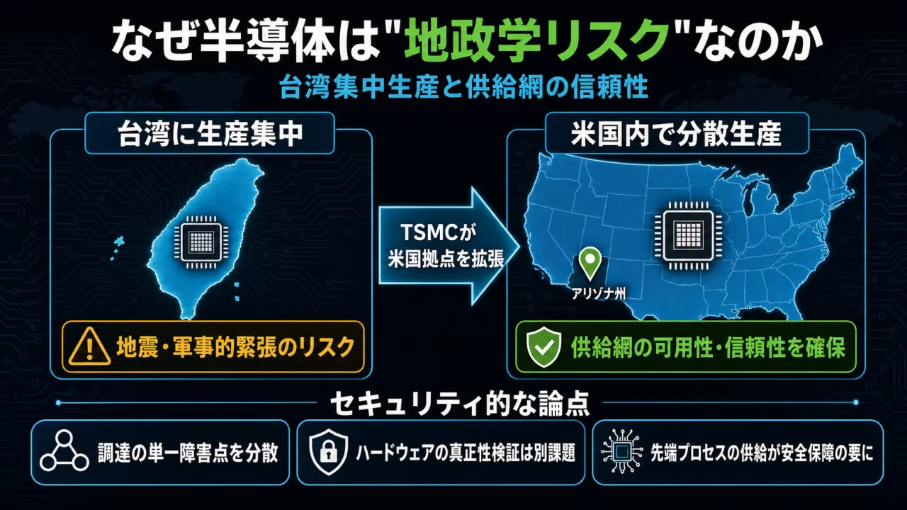 台湾集中生産のリスクと米国分散生産によるセキュリティ的な意義を比較する図解