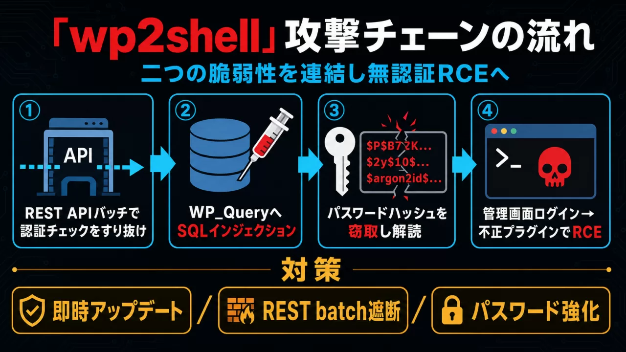 wp2shell攻撃チェーンの4ステップ図解