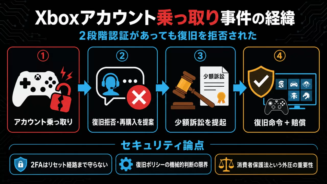 Xboxアカウント乗っ取り事件の経緯を示すフロー図