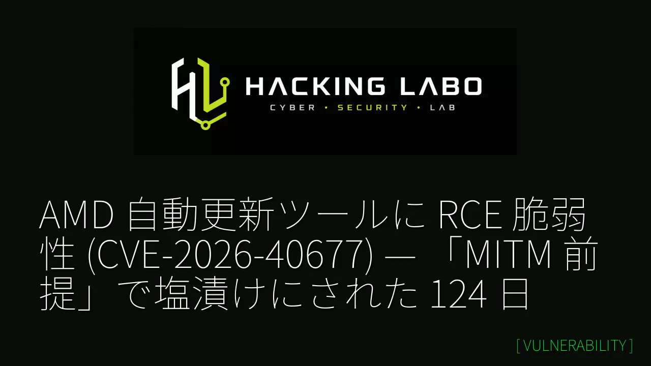 AMD 自動更新ツールに RCE 脆弱性 (CVE-2026-40677) — 「MITM 前提」で塩漬けにされた 124 日 thumbnail