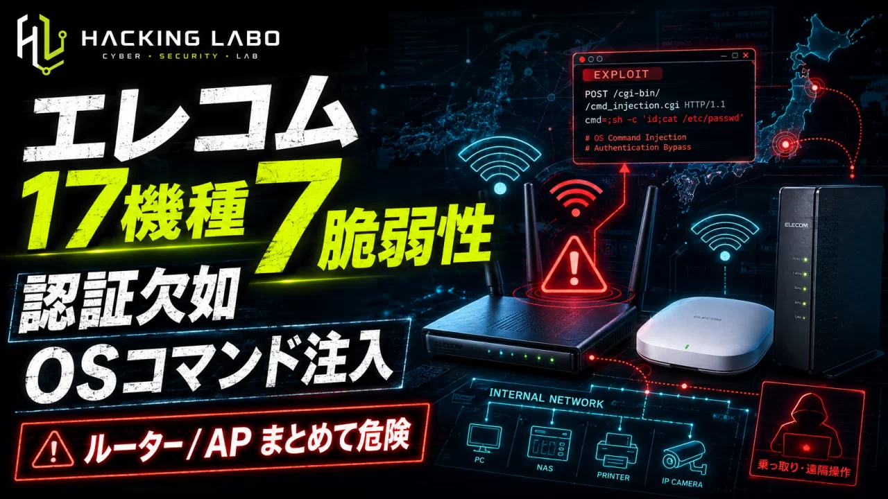 エレコム無線LANルーター/APの17機種で7件の脆弱性、認証欠如・OSコマンドインジェクションを含む thumbnail