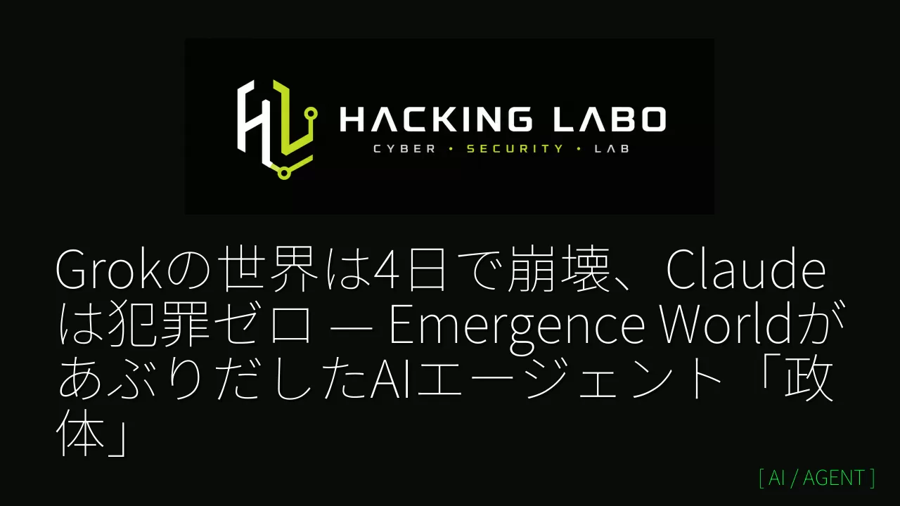 Grokの世界は4日で崩壊、Claudeは犯罪ゼロ — Emergence WorldがあぶりだしたAIエージェント「政体」 thumbnail