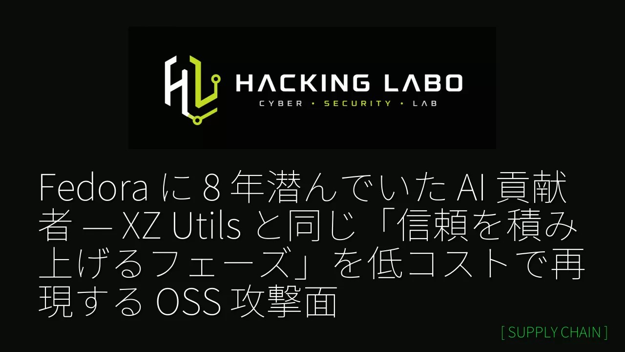Fedora に 8 年潜んでいた AI 貢献者 — XZ Utils と同じ「信頼を積み上げるフェーズ」を低コストで再現する OSS 攻撃面 thumbnail