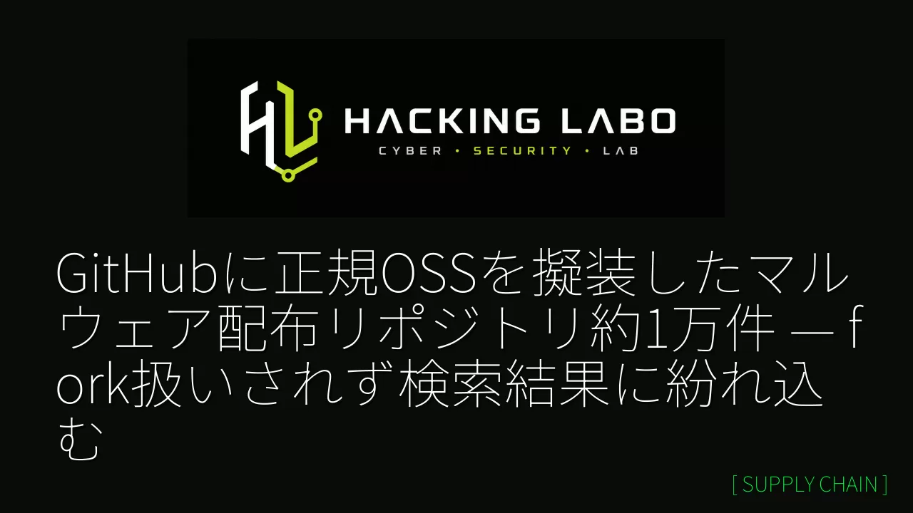 GitHubに正規OSSを擬装したマルウェア配布リポジトリ約1万件 — fork扱いされず検索結果に紛れ込む thumbnail