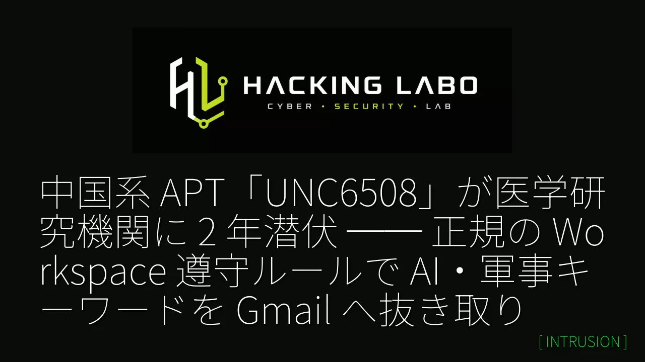 中国系 APT「UNC6508」が医学研究機関に 2 年潜伏 ── 正規の Workspace 遵守ルールで AI・軍事キーワードを Gmail へ抜き取り thumbnail