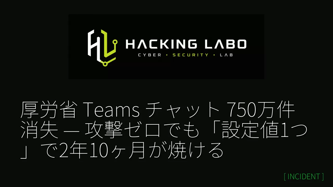 厚労省 Teams チャット 750万件消失 — 攻撃ゼロでも「設定値1つ」で2年10ヶ月が焼ける thumbnail