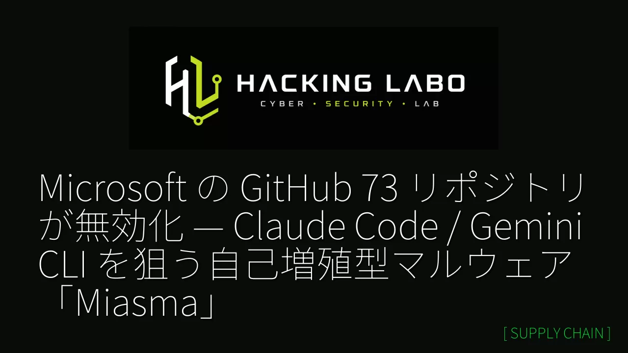 Microsoft の GitHub 73 リポジトリが無効化 — Claude Code / Gemini CLI を狙う自己増殖型マルウェア「Miasma」 thumbnail